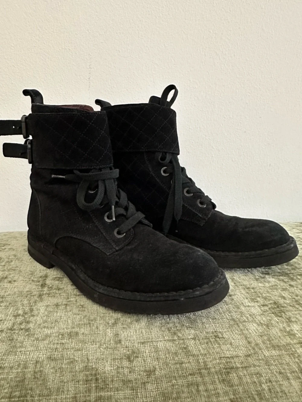CHANEL Quilted Black Suede Lace Up Combat Flat Moto Short Boots Shoes size 37.5
